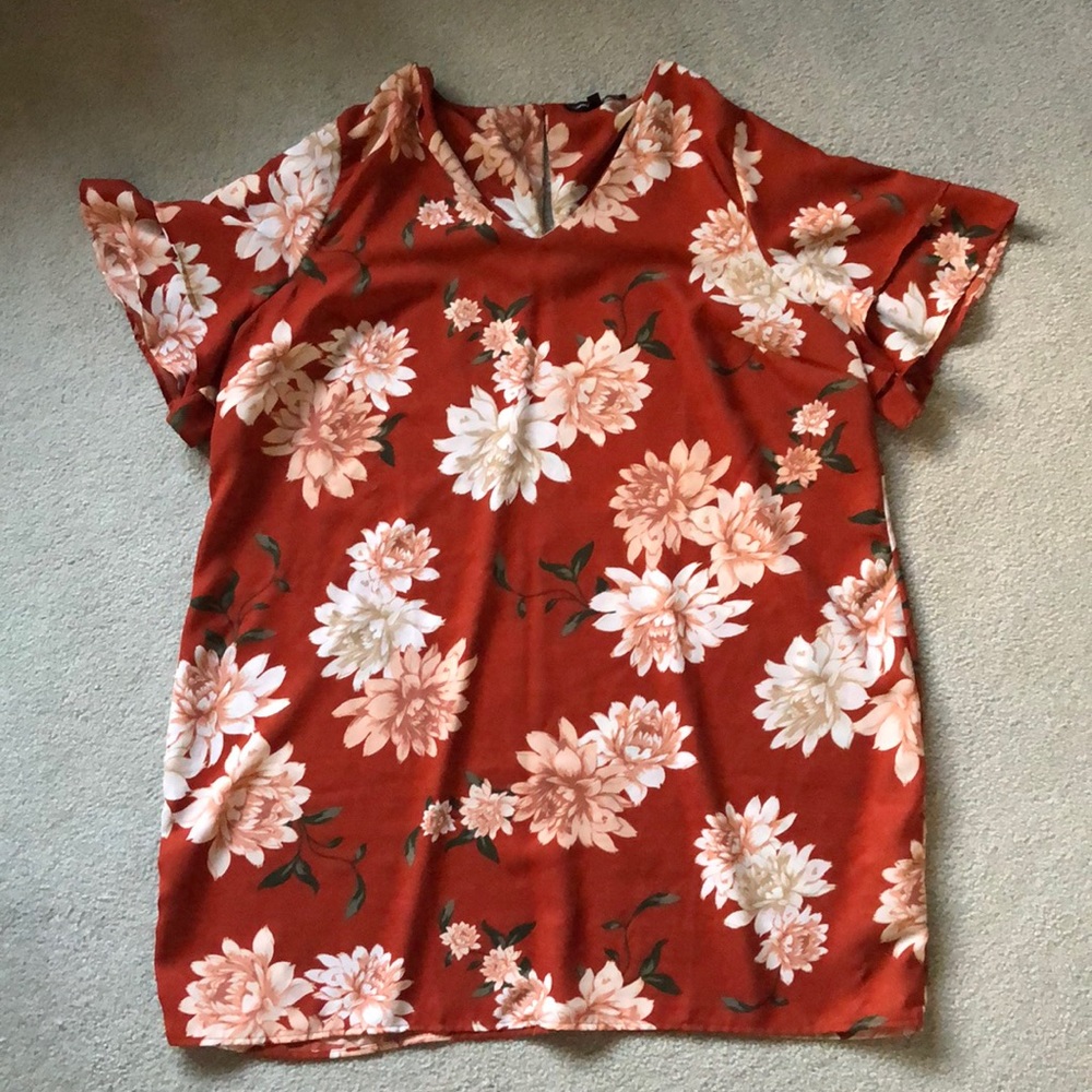 Burnt Orange Floral Flutter Sleeve Mini Bag Dress